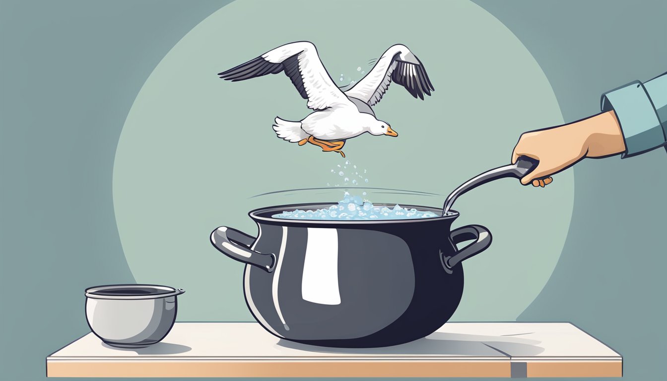 A pot of boiling water with a fresh goose being lowered in