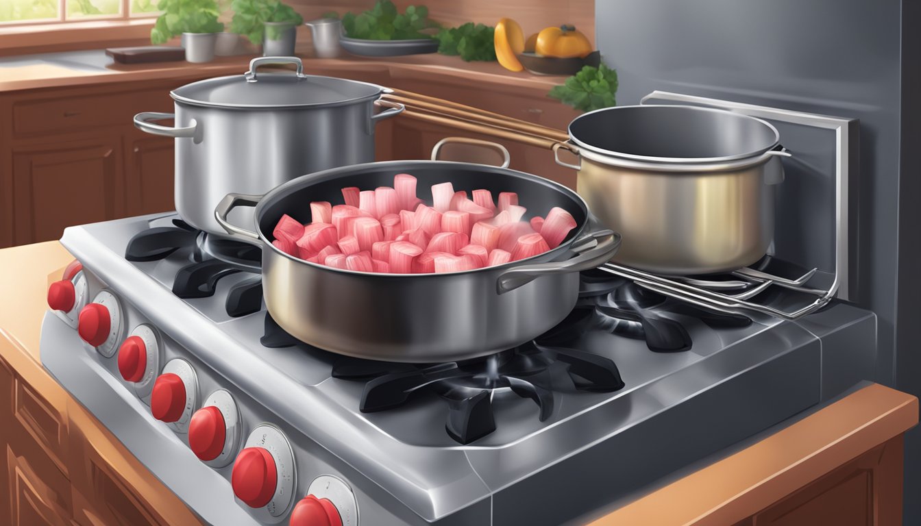 A pot of boiling rhubarb on a stove, with steam rising and a timer set for the perfect cooking time