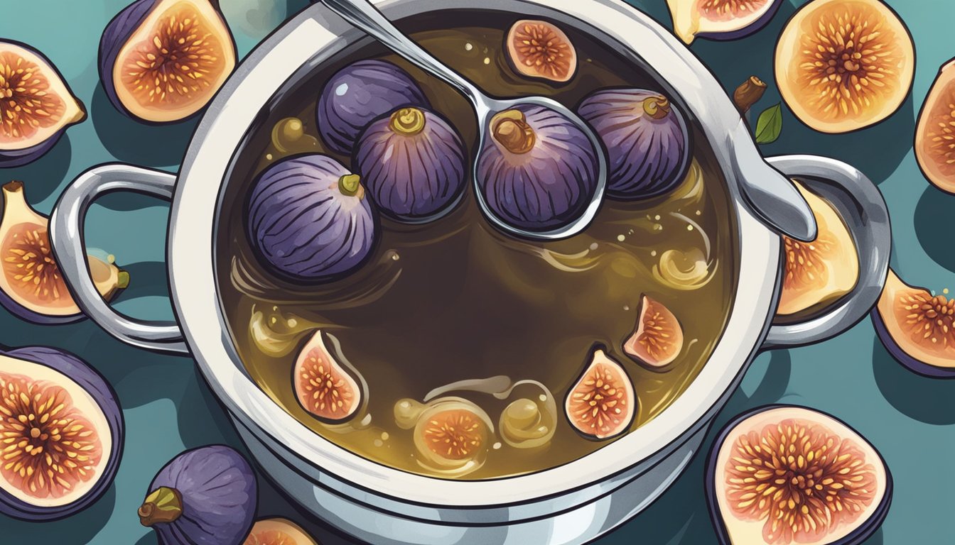 Fresh figs simmering in a pot of bubbling syrup, releasing their sweet aroma as steam rises. A spoon hovers over the pot, ready to stir