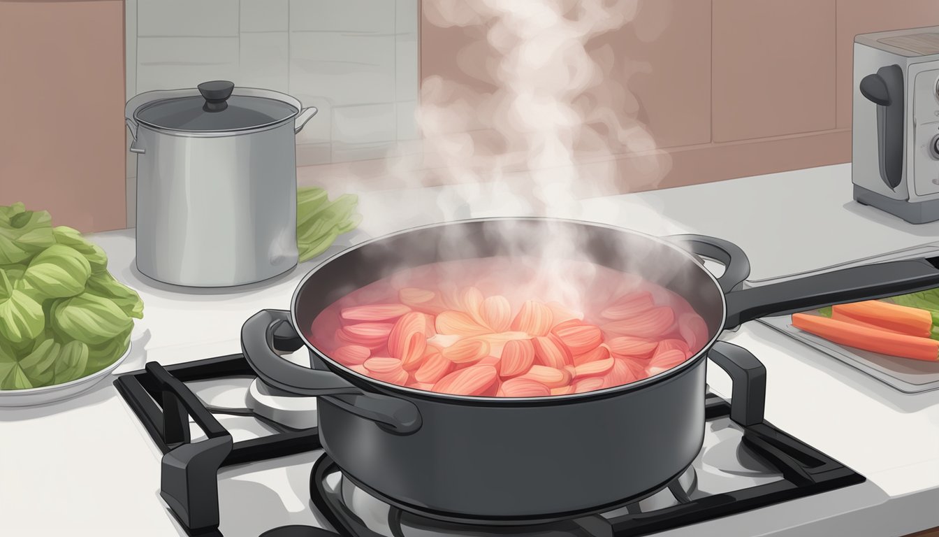 Rhubarb simmering in a pot on a stovetop, steam rising, with a timer set for perfect tenderness