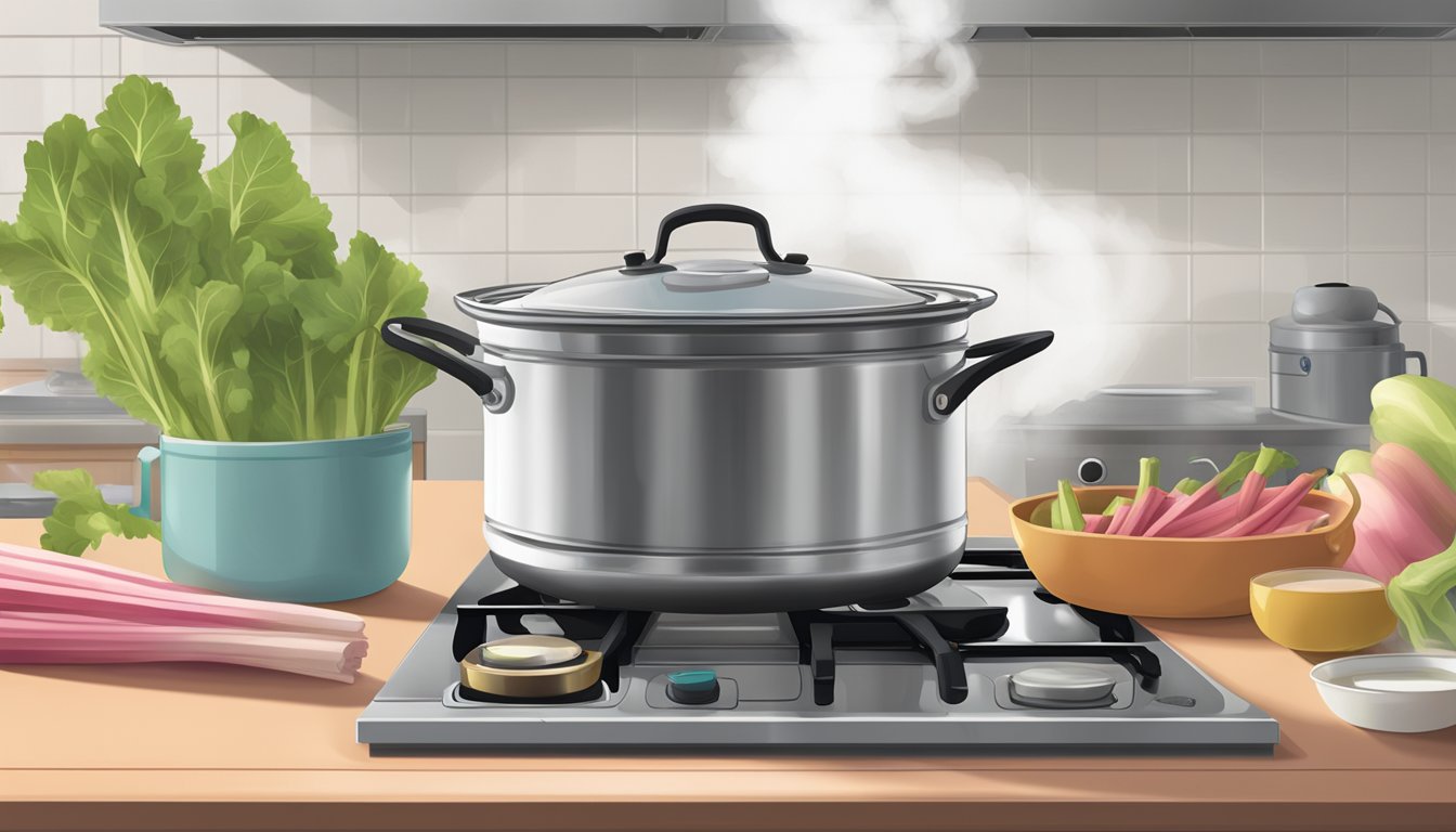 A pot of boiling rhubarb on a stovetop, steam rising, with a timer set nearby