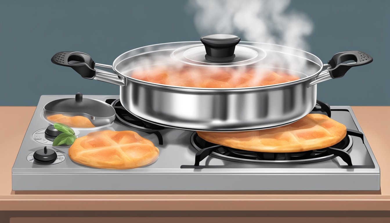 A pot of boiling rhubarb on a stove, with steam rising and a timer set for perfect pies and compotes