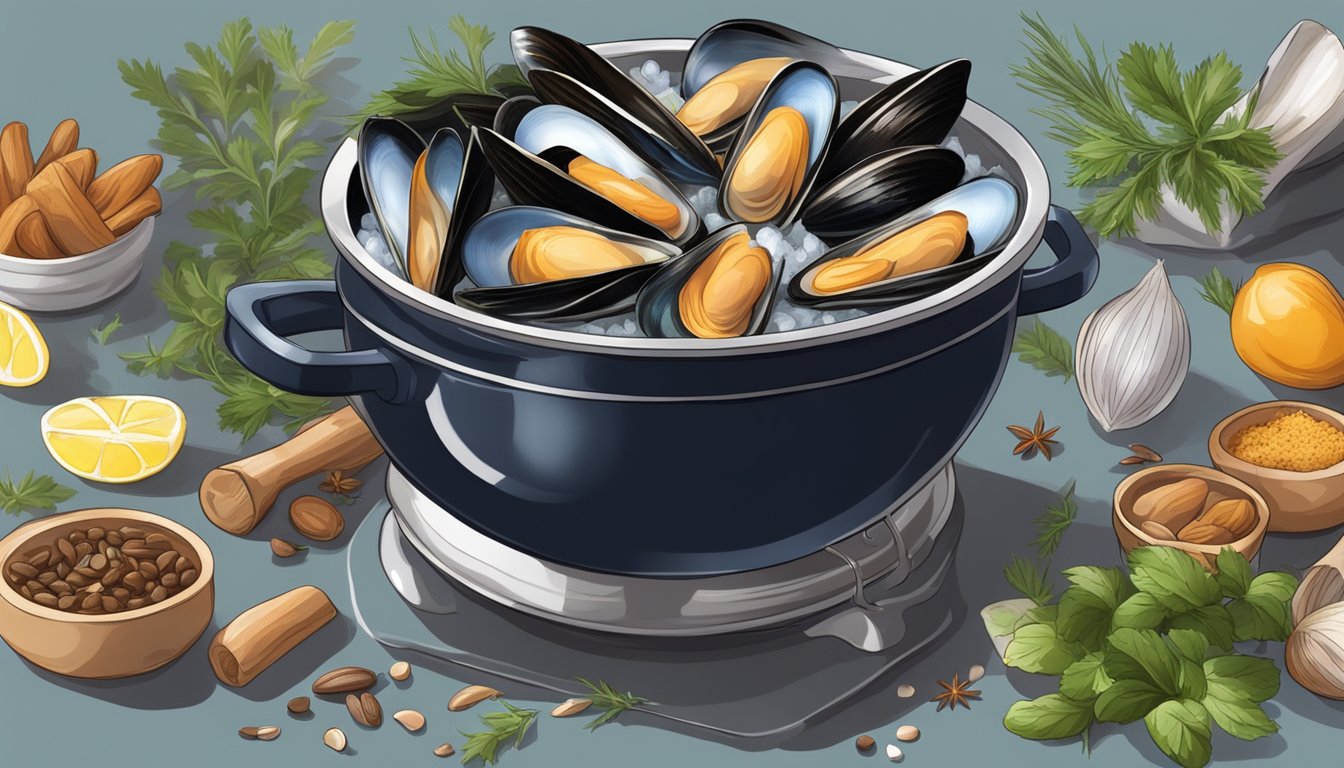 Fresh mussels being added to a pot of boiling water, surrounded by aromatic herbs and spices