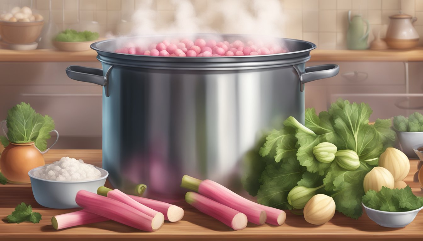 A pot of boiling rhubarb with steam rising, surrounded by ingredients for pies and compotes