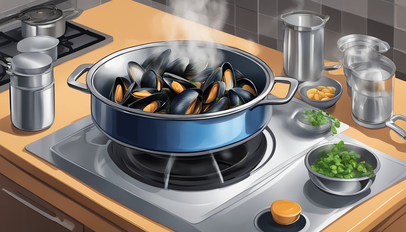 A pot of water boiling on a stove, with fresh mussels being added in, steam rising