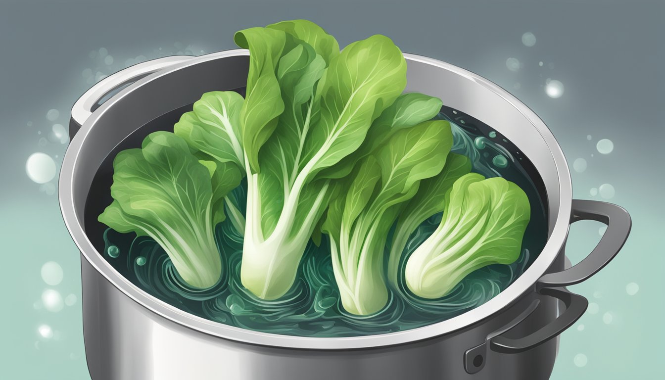 Baby bok choy submerged in boiling water in a pot on a stovetop