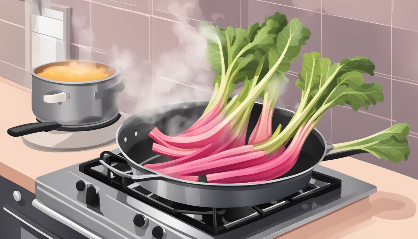 Fresh rhubarb being gently boiled in a pot on a stovetop, releasing steam and filling the kitchen with a sweet, tart aroma