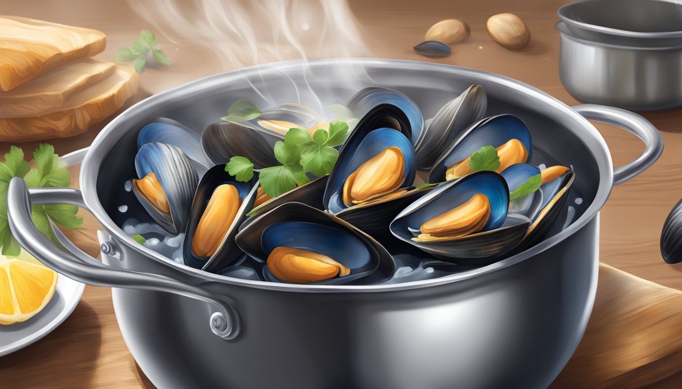 A pot of boiling water with fresh mussels being added