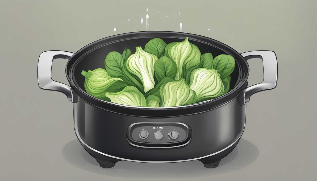 Baby bok choy boiling in a pot of water on a stovetop