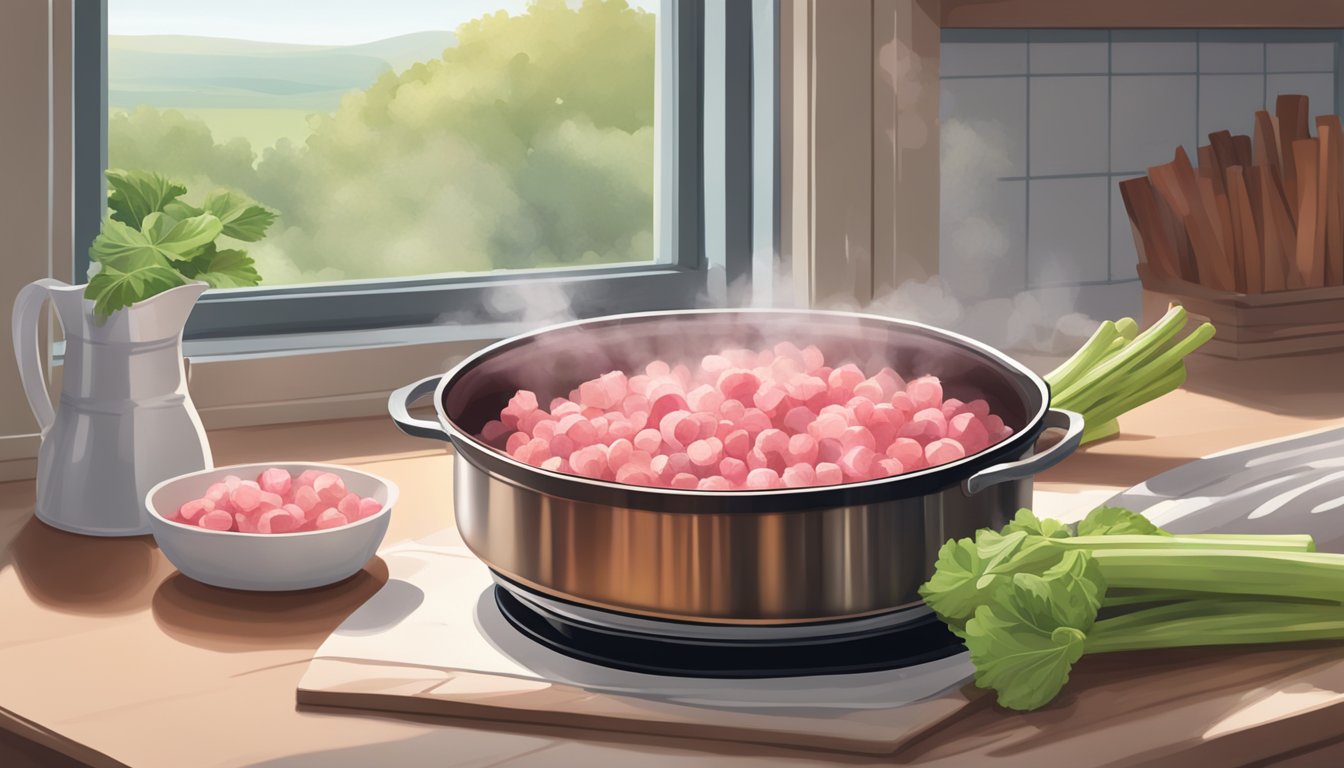 A pot of boiling rhubarb with steam rising, surrounded by fresh rhubarb stalks and a pie cooling on a windowsill