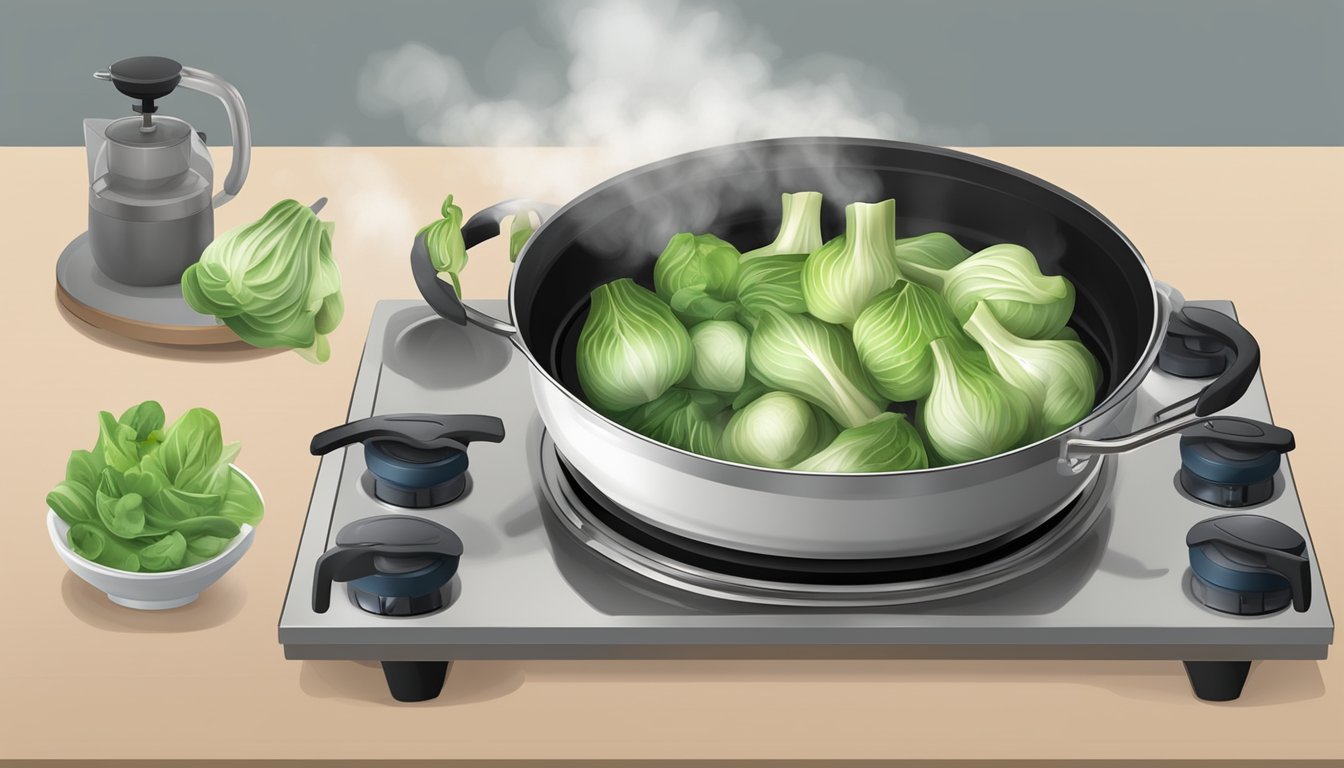 Baby bok choy boiling in a pot on a stove, steam rising, timer set nearby