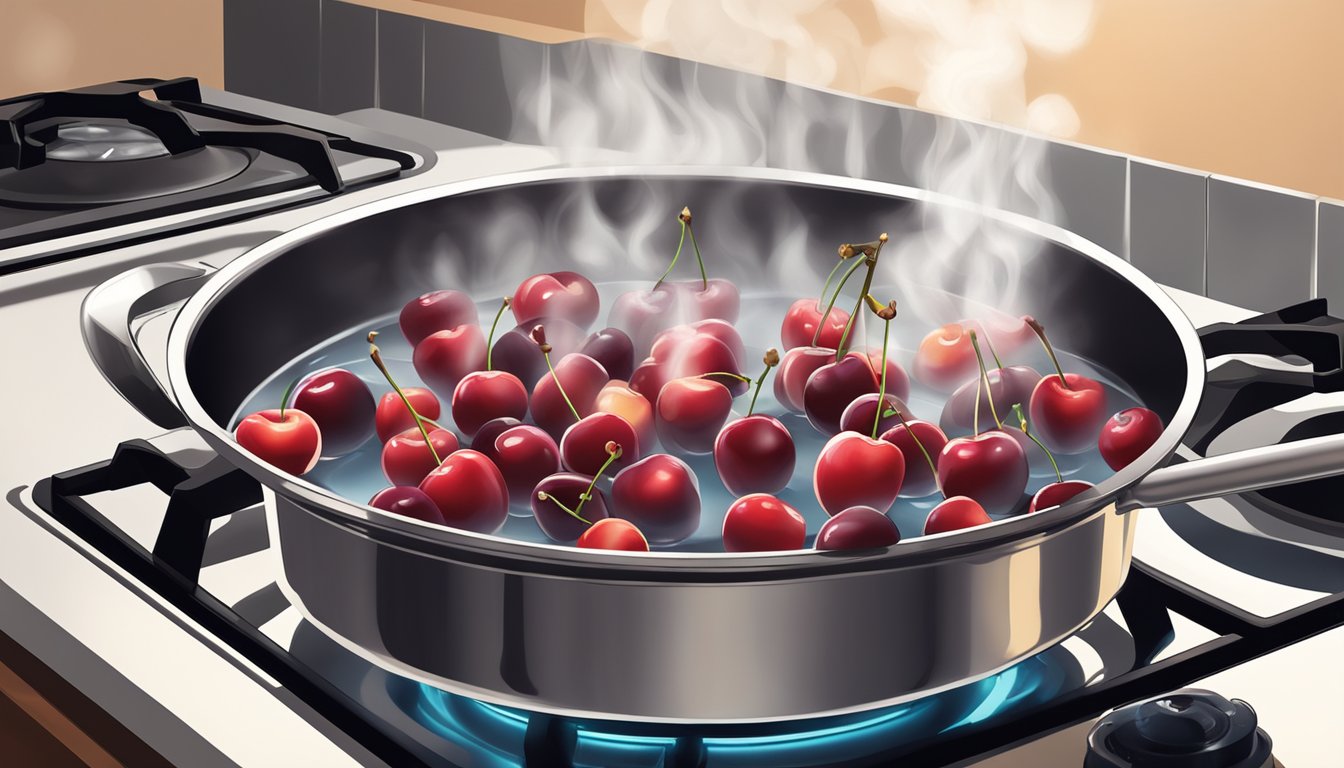 Fresh cherries being gently boiled in a pot of water on a stovetop, with steam rising and a sweet aroma filling the air