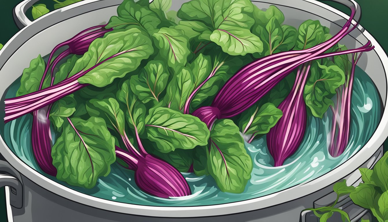 Beet greens simmering in a pot of boiling water, steam rising, vibrant green leaves and stems swirling in the water