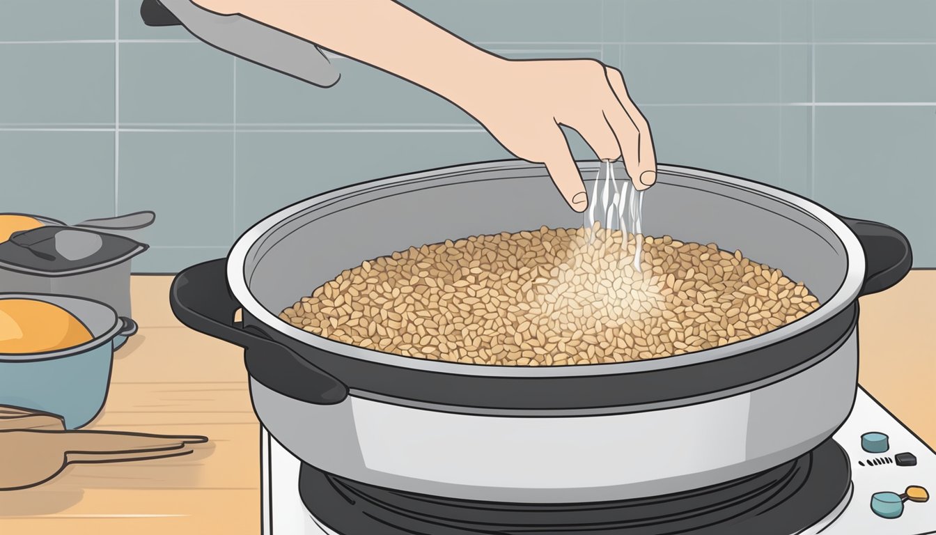 A pot of boiling water with whole grain farro being added. Timer set for recommended cooking time