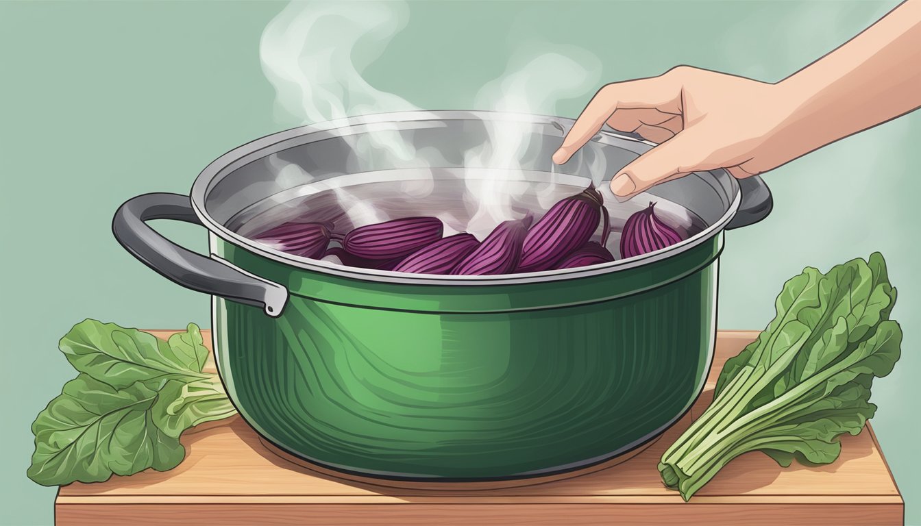 Beet greens being gently placed into a pot of boiling water, steam rising as they cook to perfection