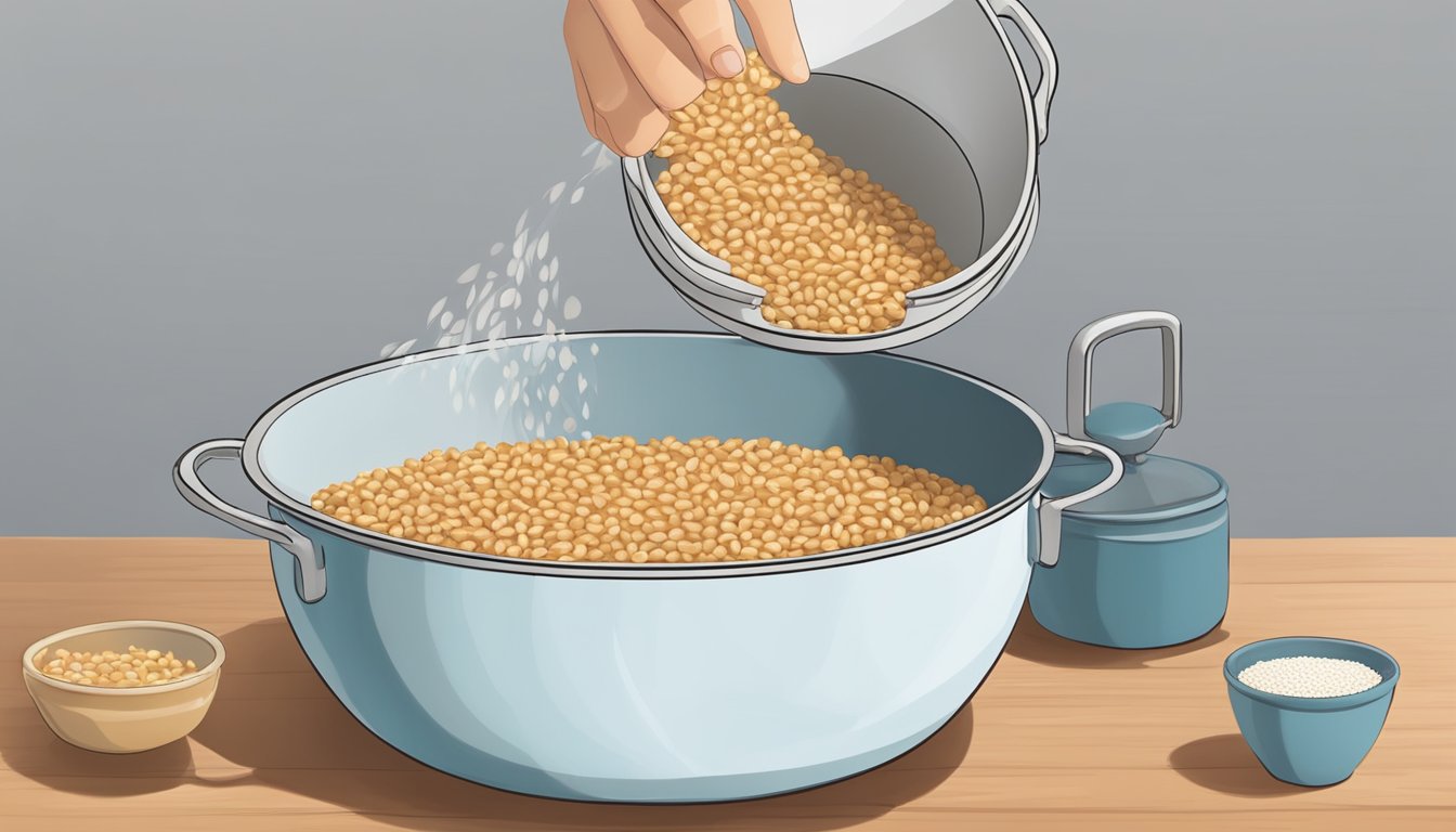 A pot of boiling water with whole grain farro grains being added