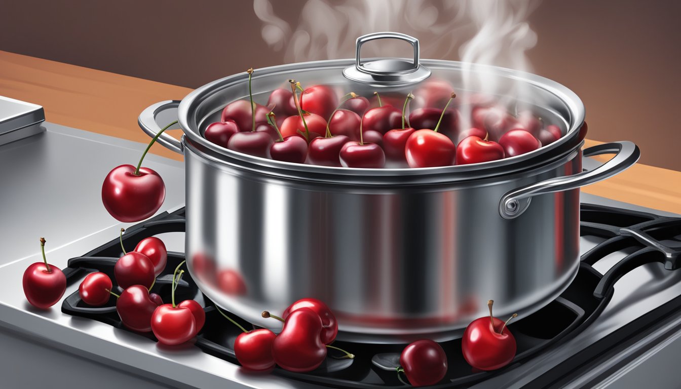 Fresh cherries simmering in a pot of water on a stovetop, steam rising as they soften and release their sweet aroma