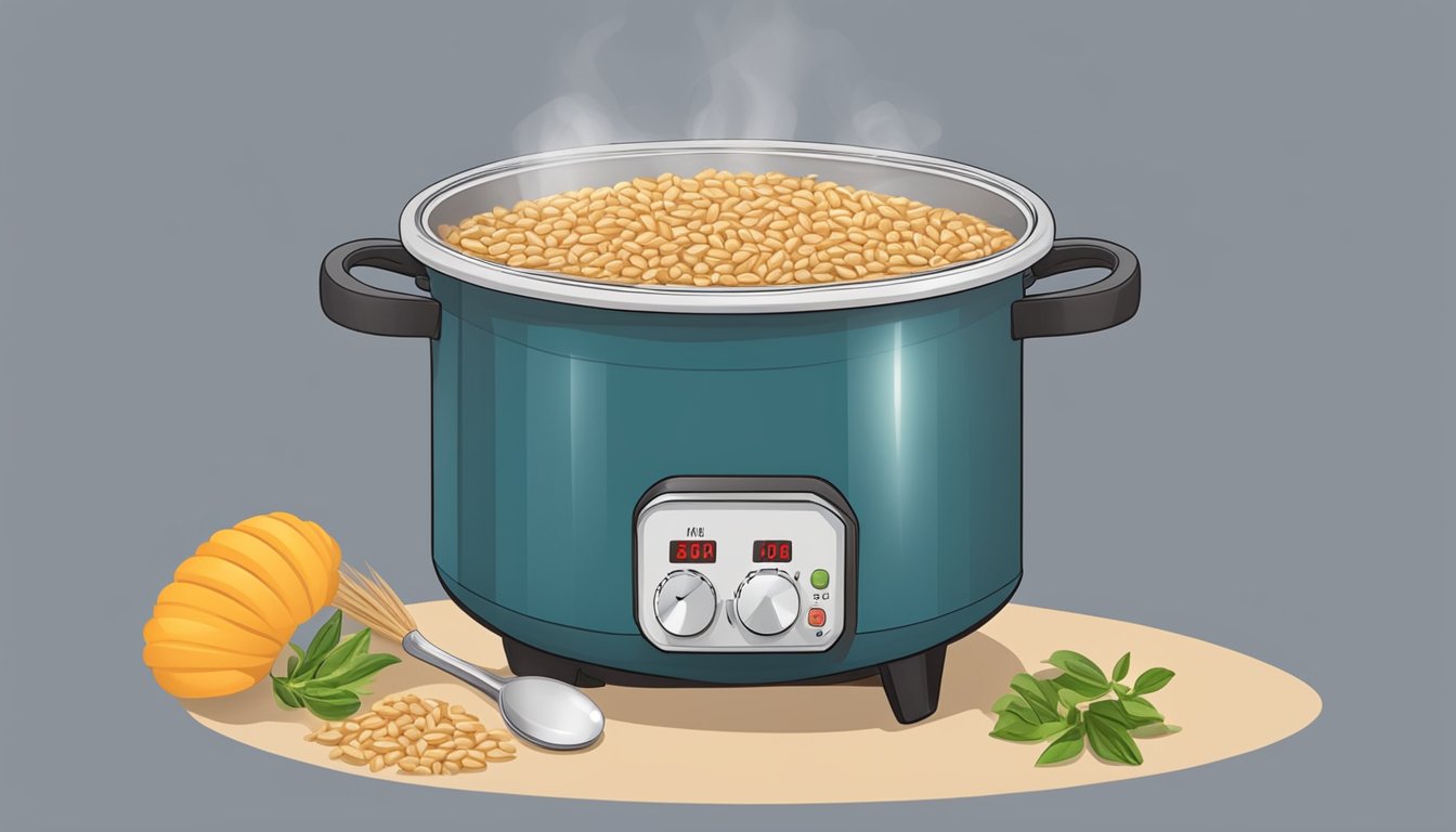 A pot of boiling water with whole grain farro inside, a timer set nearby