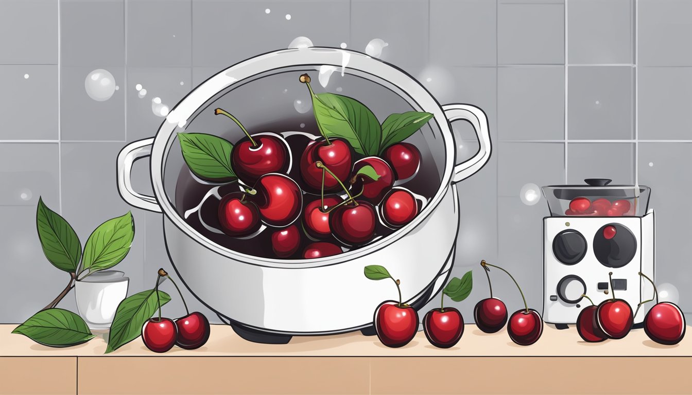 Fresh cherries in a pot of boiling water, frozen cherries nearby. Timer set for 3 minutes