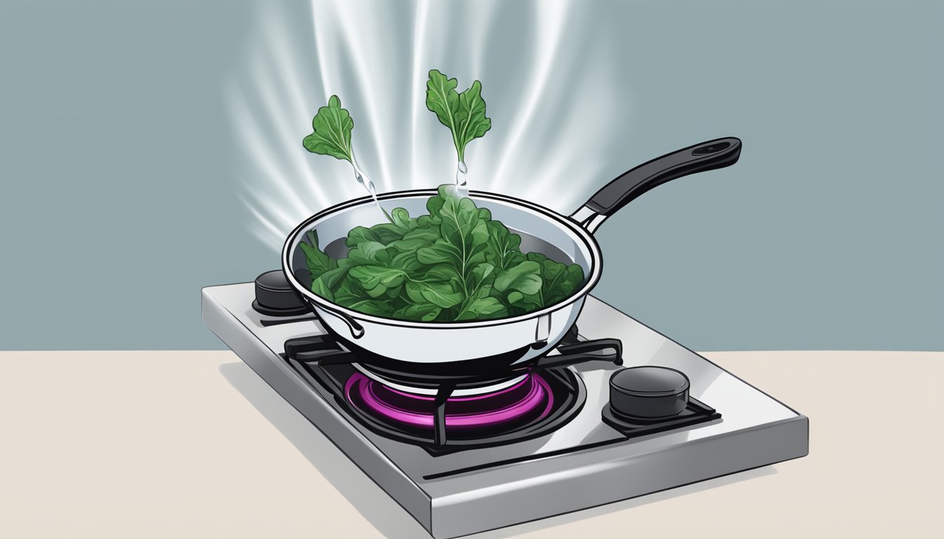 A pot of water boiling on a stove, with fresh beet greens being dropped in for cooking