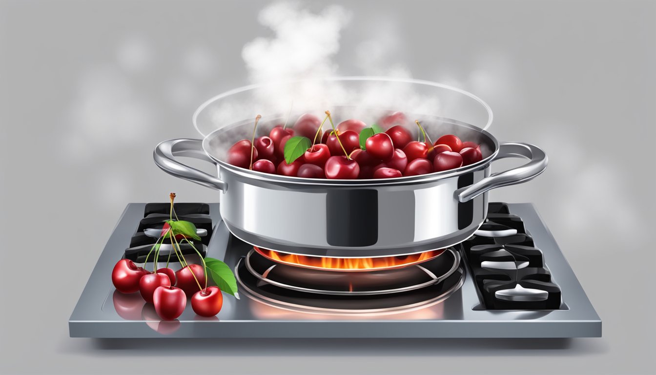 A pot of fresh cherries boiling on a stove, steam rising as they are prepared for pies and desserts