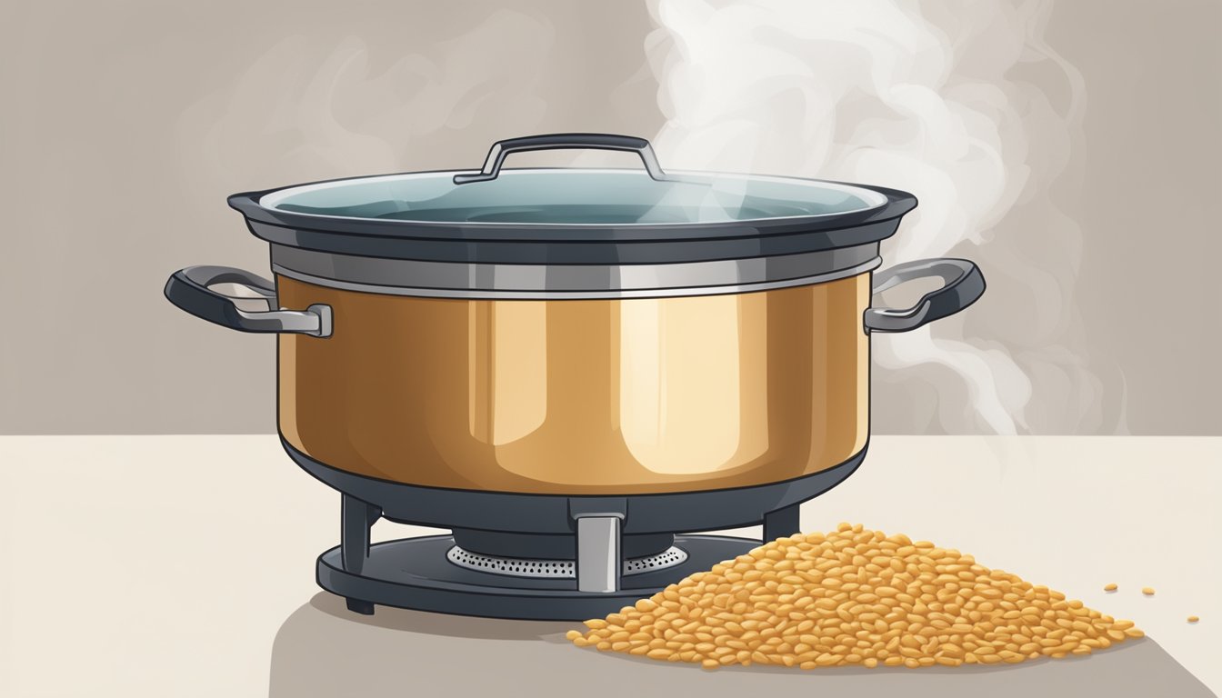 A pot of boiling water with whole grain farro inside, steam rising