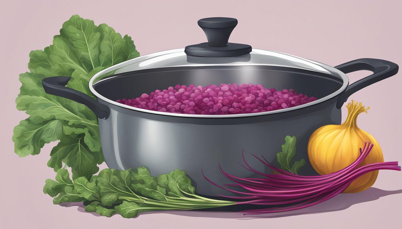 A pot of boiling water with vibrant beet greens being added