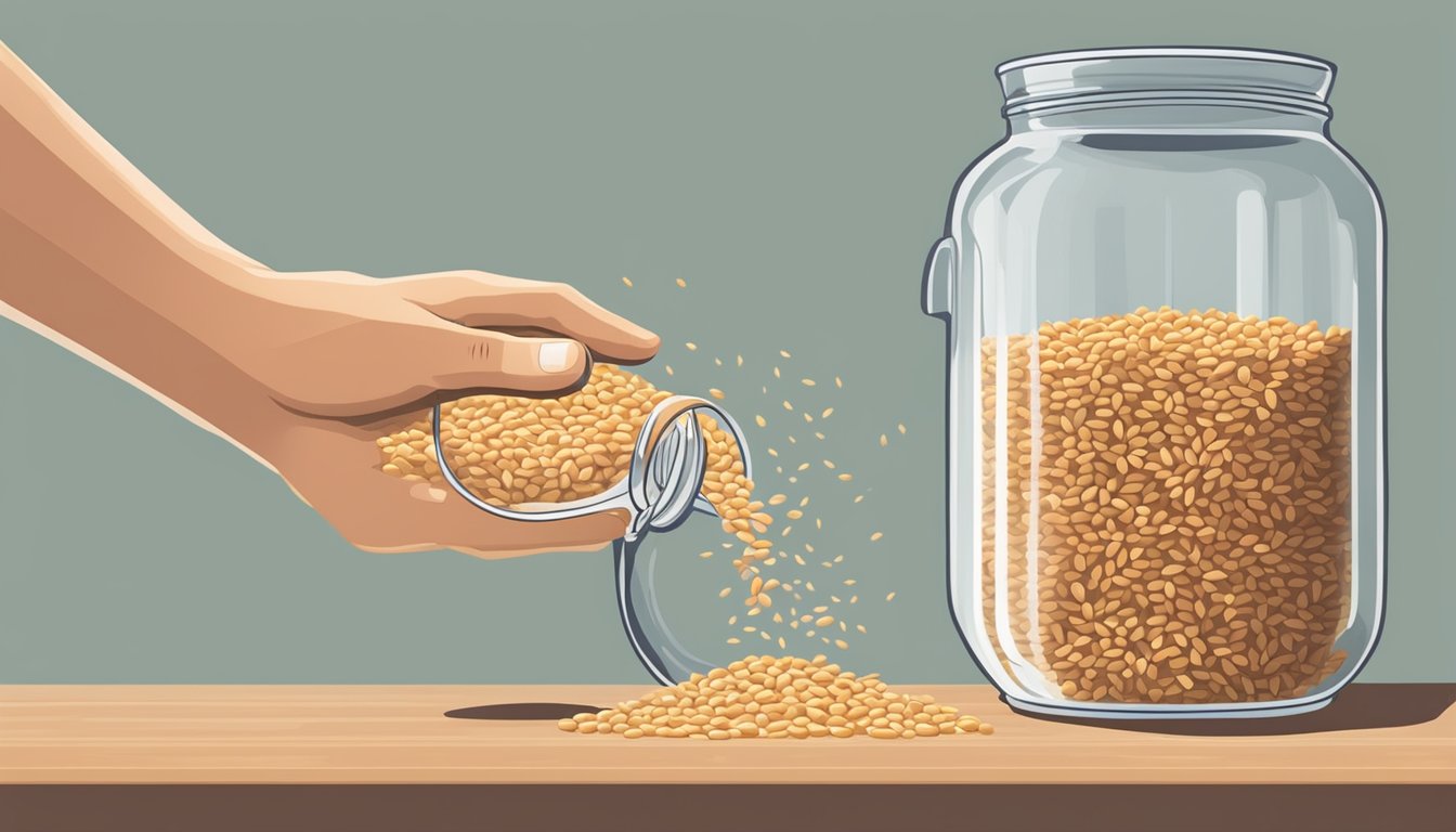 A hand reaching into a jar of farro, pouring the grains into a pot of boiling water