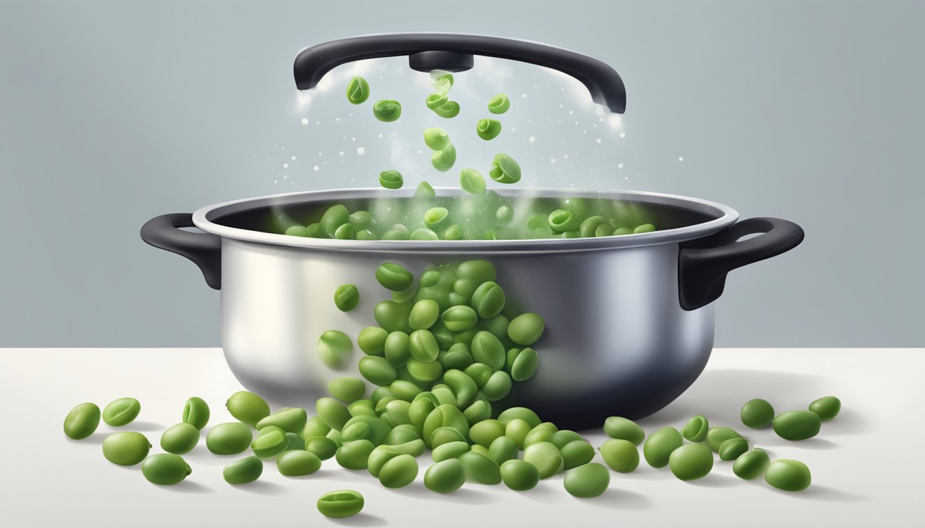 A pot of boiling water with fresh fava beans being dropped in