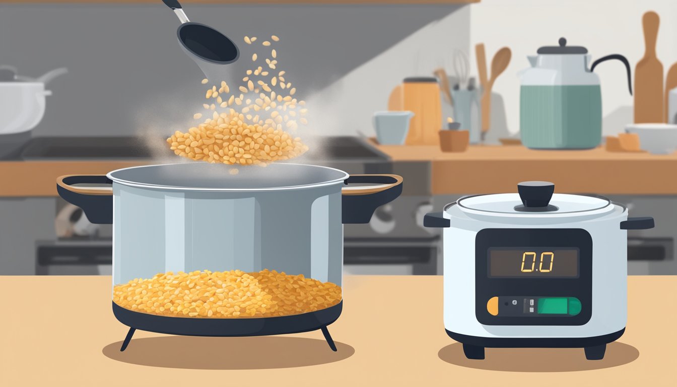 A pot of boiling water with whole grain farro being added. A timer set for the recommended cooking time. Ingredients for serving arranged nearby