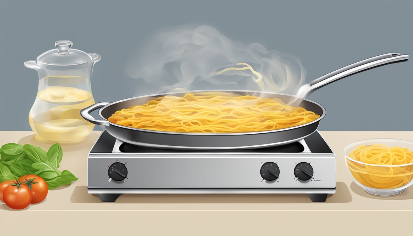 Boiling pot of lasagna noodles with timer nearby