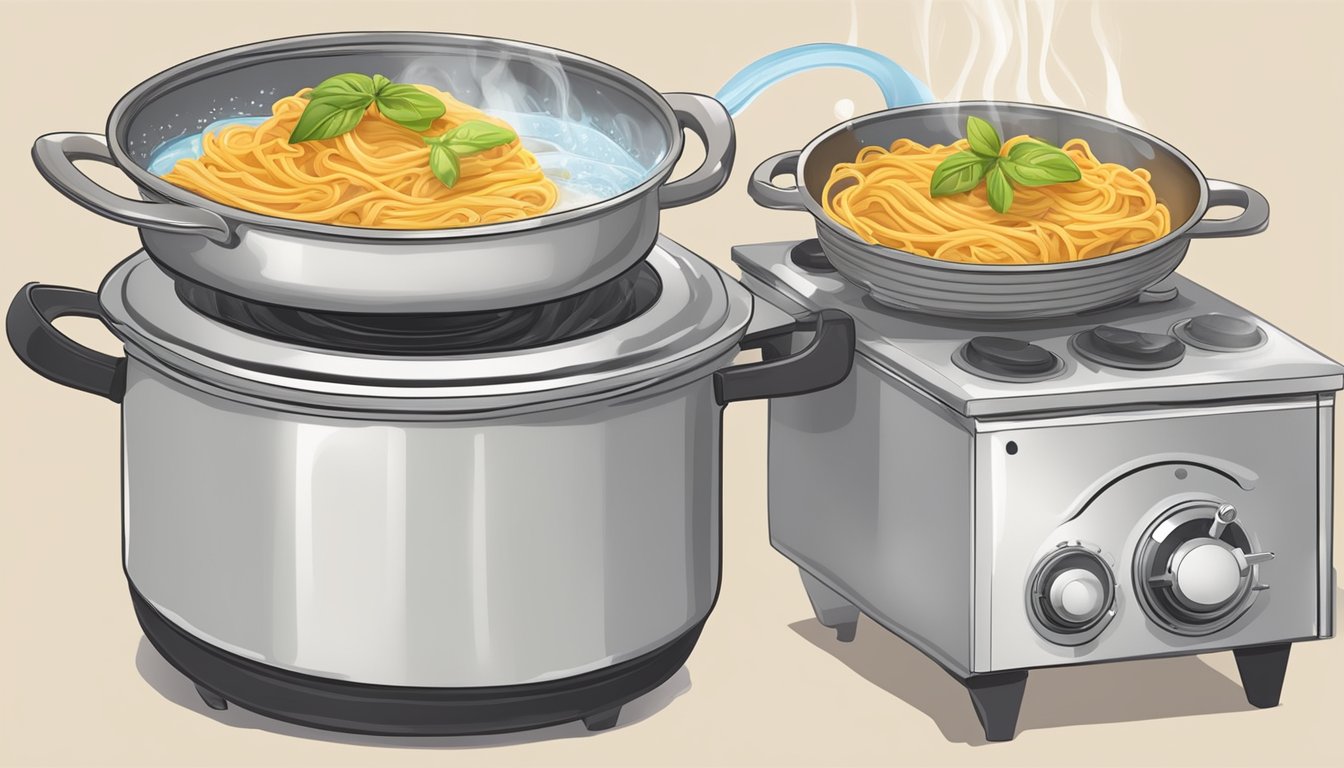 Lasagna noodles boiling in a pot of water, steam rising, and a timer set nearby