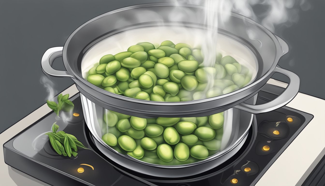 Fresh fava beans boiling in a pot of water on a stovetop. Steam rising as the beans cook, with a timer nearby