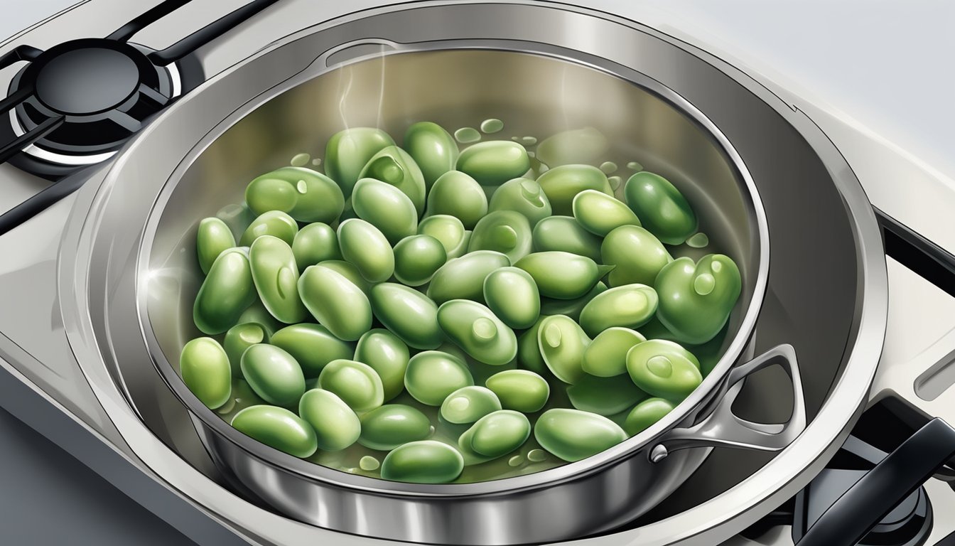 Fresh fava beans boiling in a pot of water on a stovetop