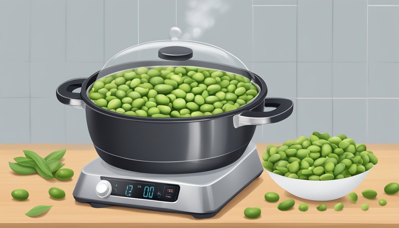 Fresh fava beans in a pot of boiling water, with a timer nearby