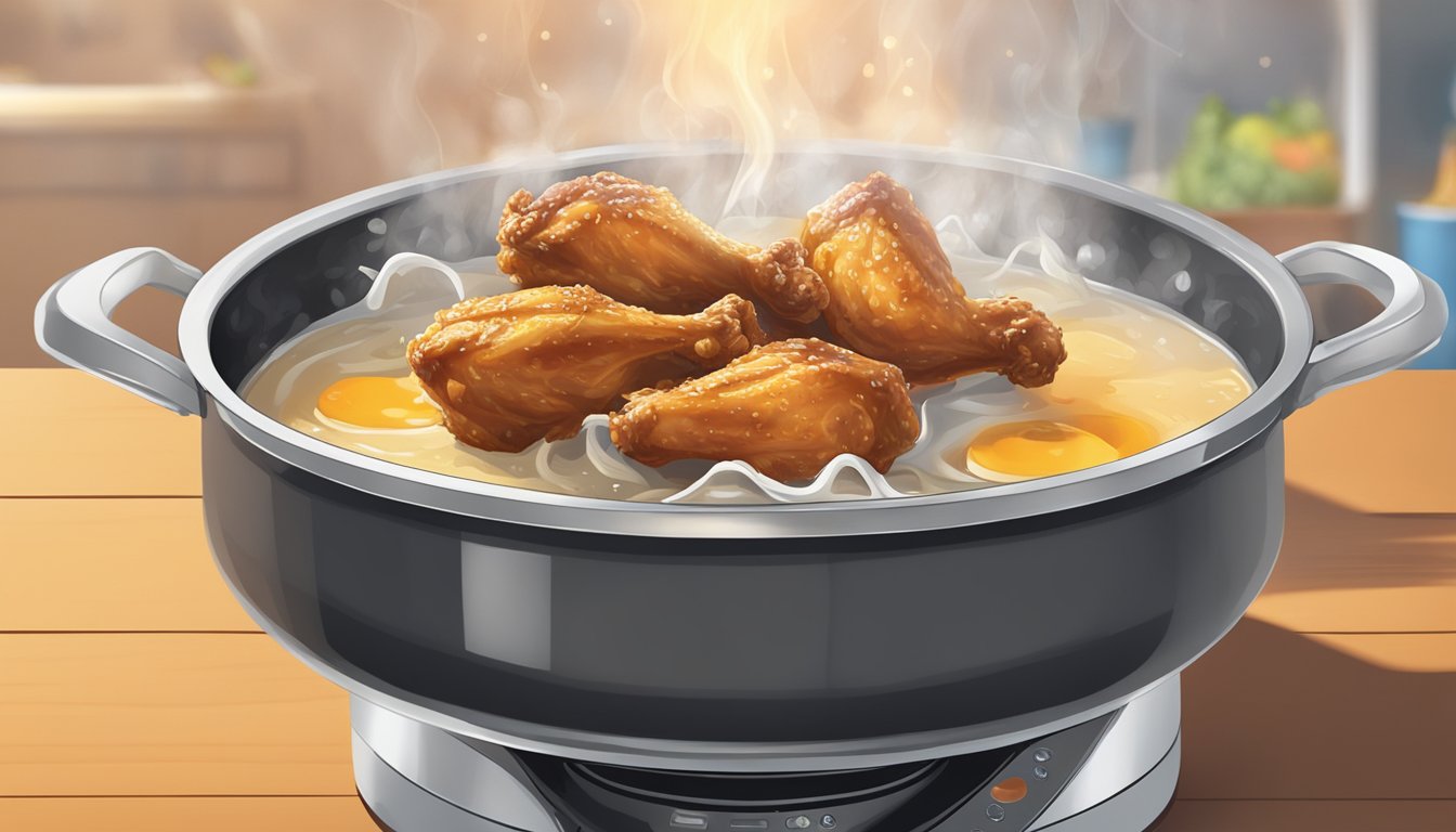 A pot of boiling water with chicken wings being lowered in