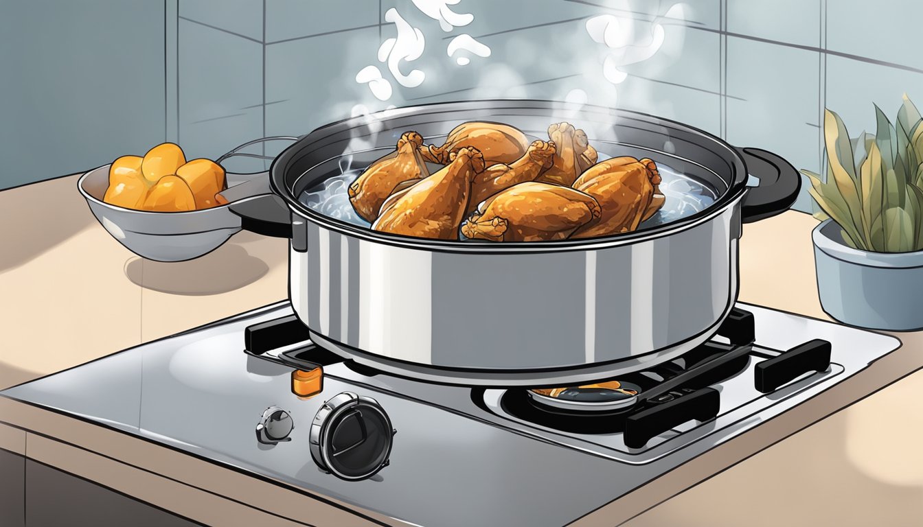 Chicken wings boiling in a pot of water on a stovetop, steam rising, with a timer set nearby