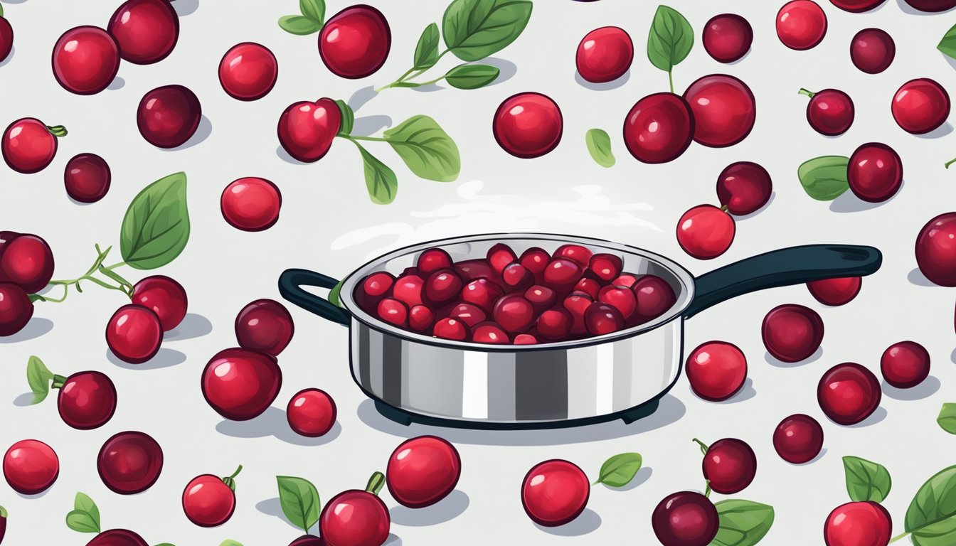 Fresh cranberries boiling in a pot on the stove, releasing their vibrant red color as they cook to perfection for sauces and relishes