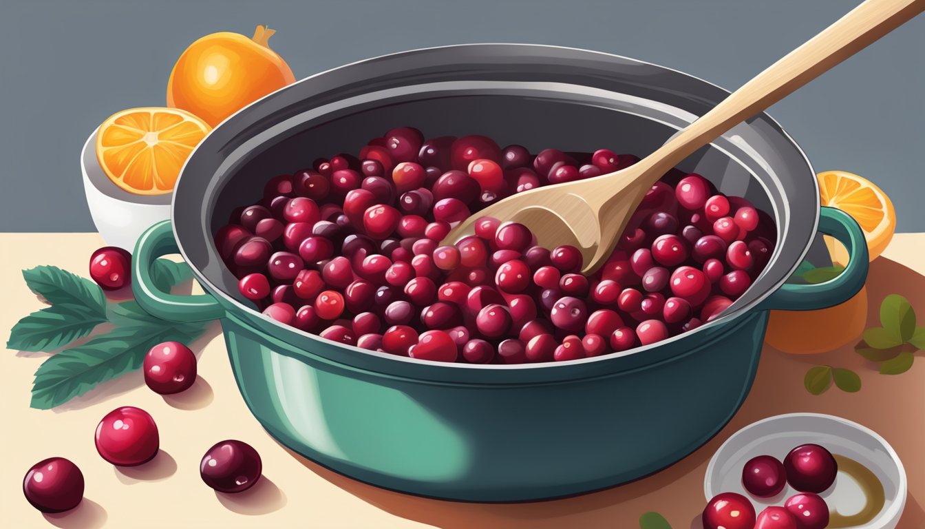 Fresh cranberries simmer in a pot, releasing their vibrant color and tart aroma as they boil to perfection for the perfect sauce and relish