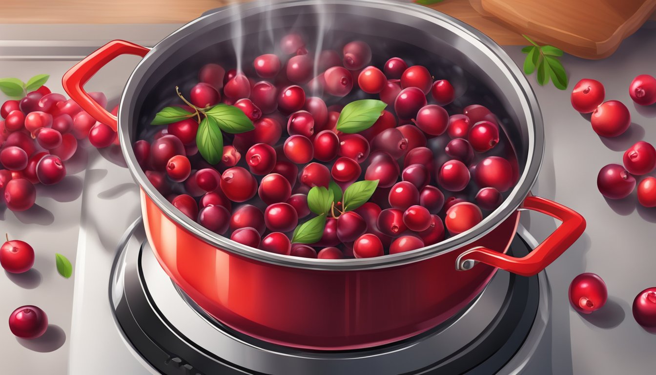 Fresh cranberries boiling in a pot on the stove, releasing their vibrant red color and rich aroma