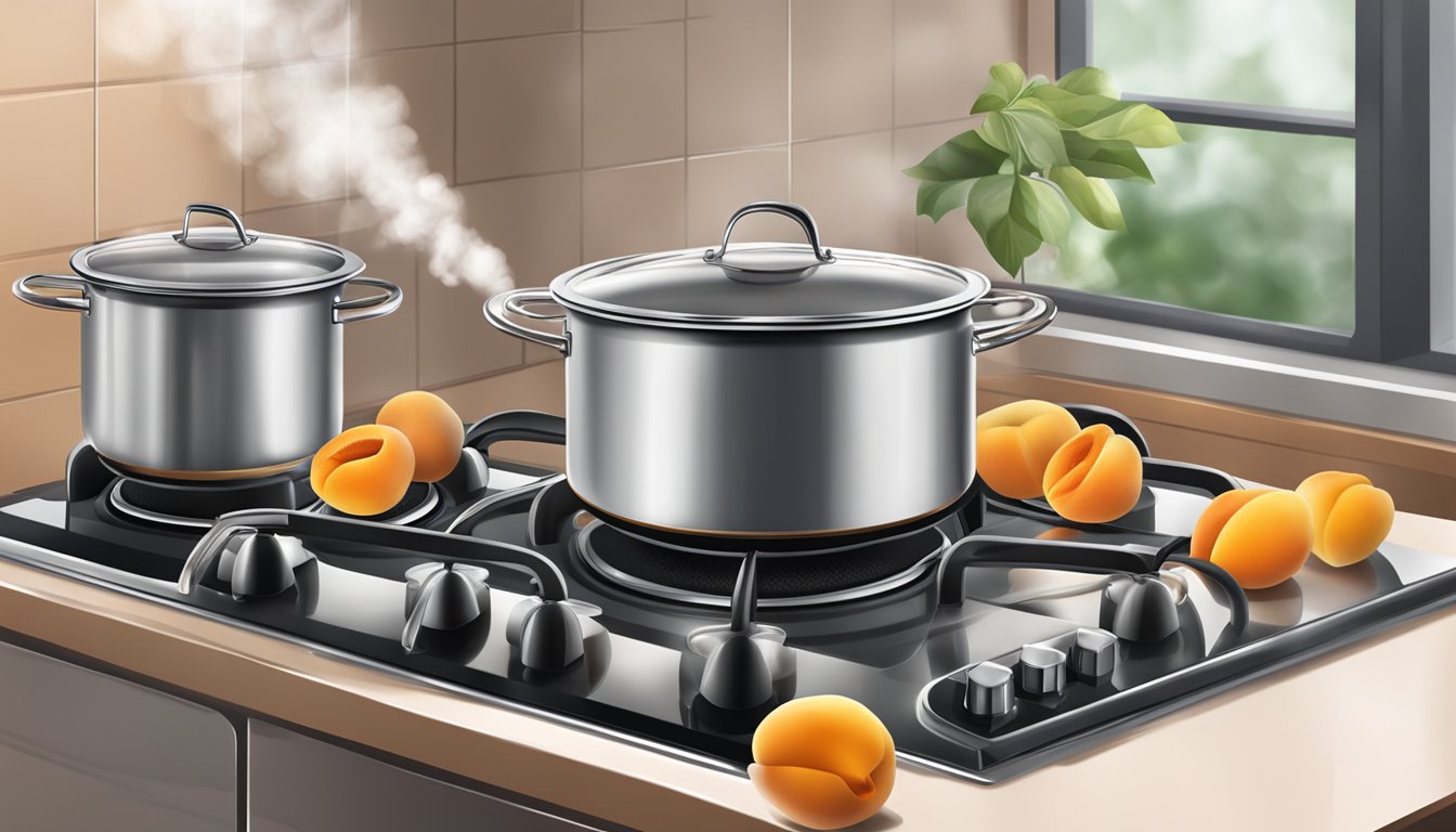 Fresh apricots boiling in a pot on a stove, steam rising, with a timer set nearby