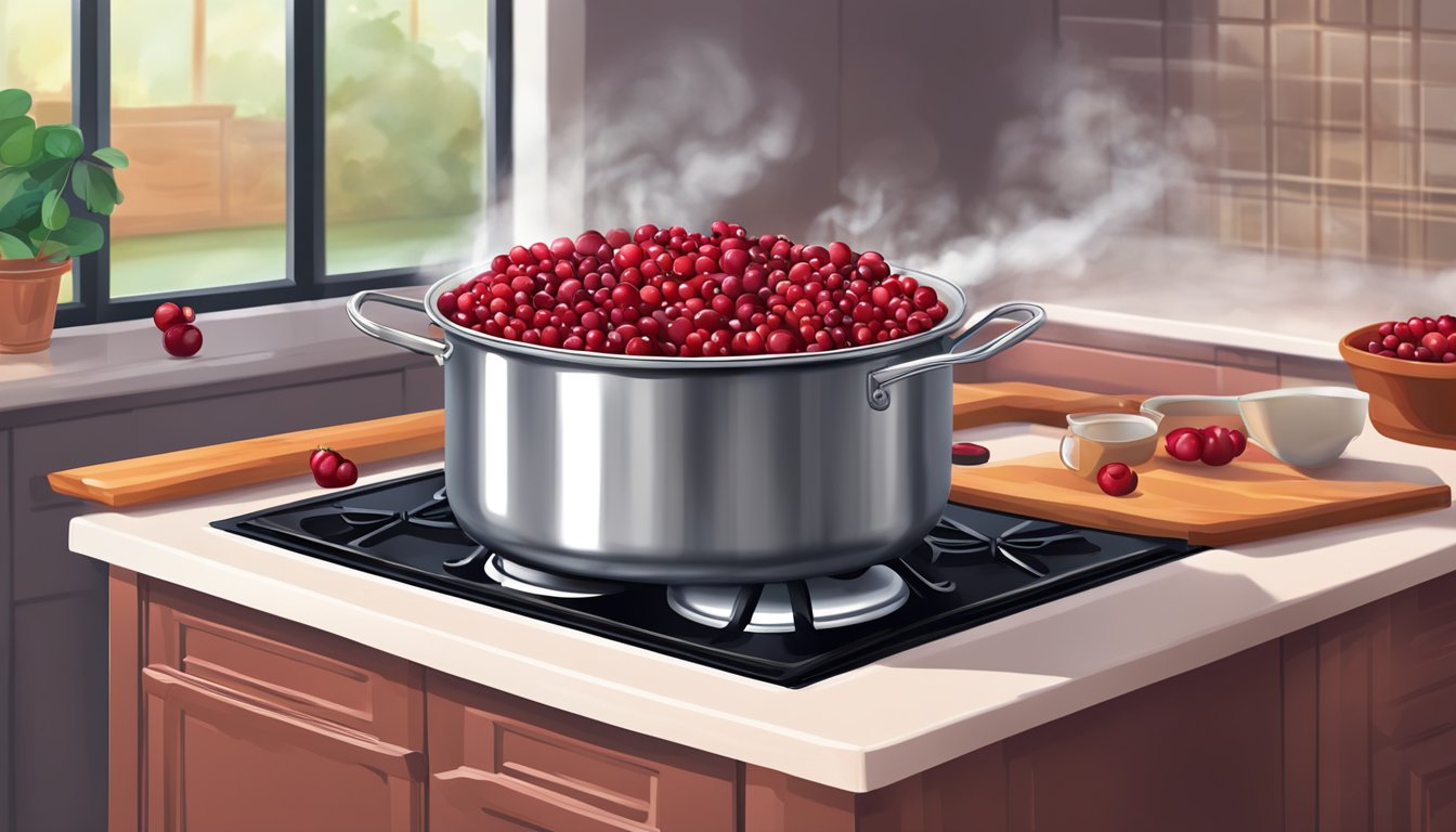 Fresh cranberries boiling in a pot on a stove, releasing their vibrant red color and filling the air with a sweet and tangy aroma