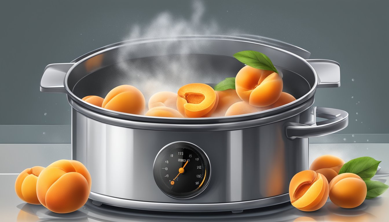 Fresh apricots boiling in a large pot of water on a stove, with steam rising and a timer set for the perfect amount of time