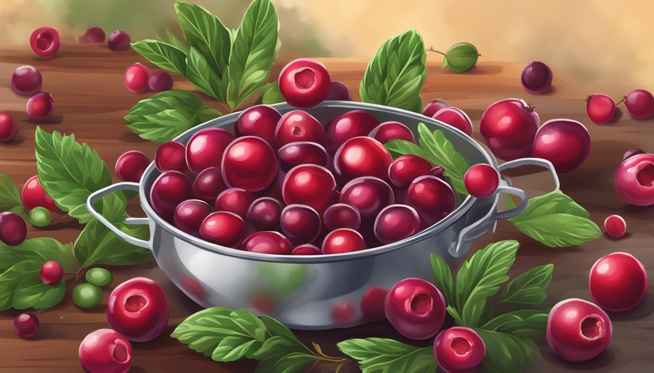 Fresh cranberries simmer in a pot of water, releasing their vibrant color and tart aroma as they boil to perfection for sauces and relishes