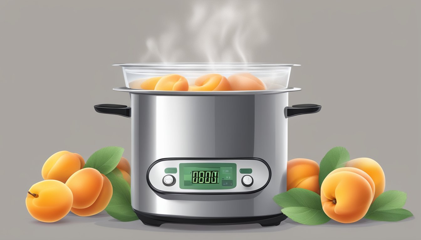 Fresh apricots bubbling in a pot of boiling water, steam rising, with a timer set nearby