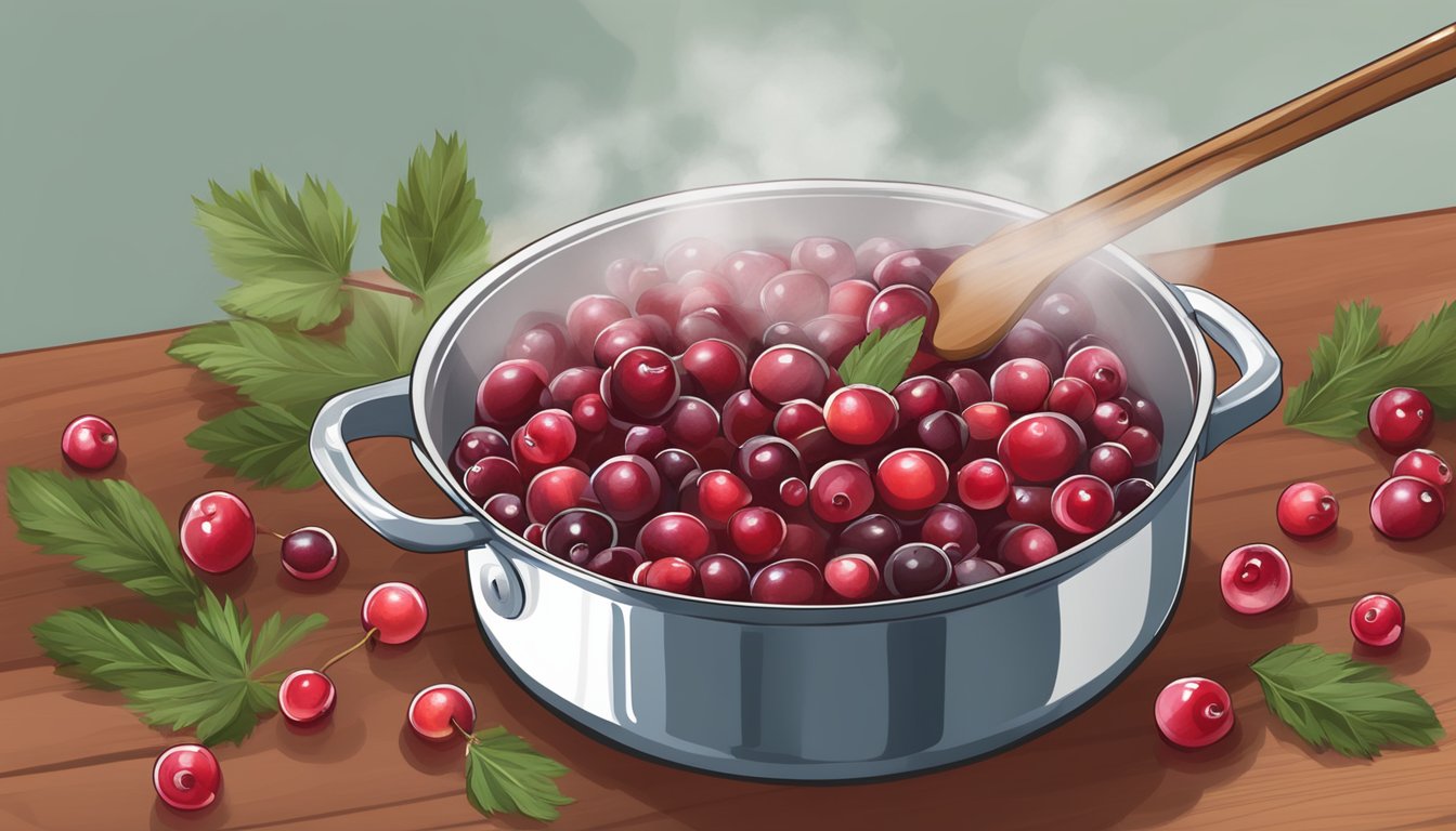 Fresh cranberries boiling in a pot on a stovetop, steam rising, with a wooden spoon nearby