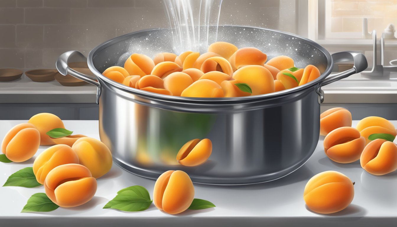 Fresh apricots boiling in a pot of water, releasing their sweet aroma as they soften and break down, ready to be turned into perfect preserves and pies