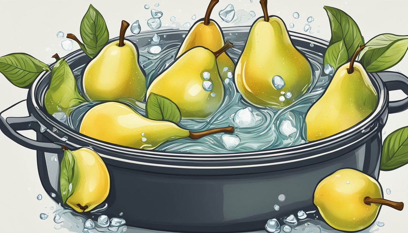 Fresh pears being placed in a pot of boiling water for compotes and tarts