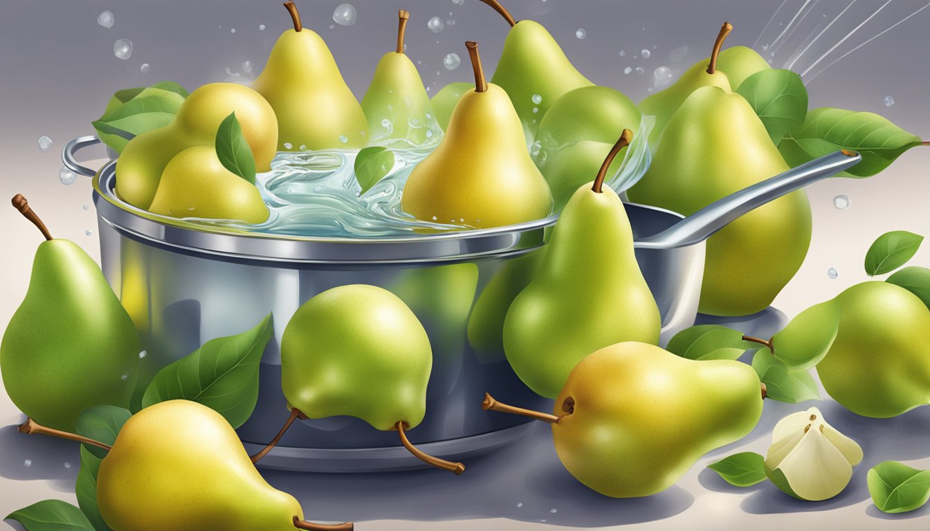 Fresh pears being gently placed into a pot of boiling water