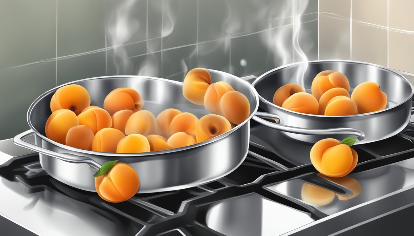 Fresh apricots boiling in a pot of water on a stove, releasing their sweet aroma as they soften and cook down for perfect preserves and pies